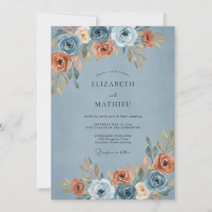 Convite Casamento Romance de Outono Floral Azul Empoeirado