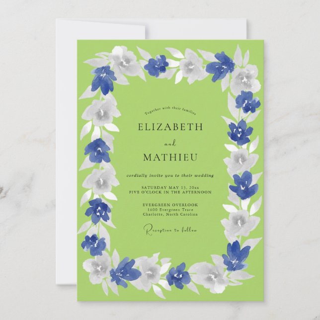 Convite Casamento Romance de Primavera Floral Azul (Frente)