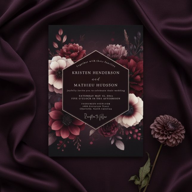 Convite Casamento Romance de Veludo Borgonha em Flor (Criador carregado)