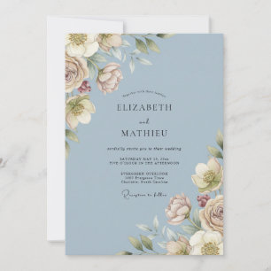 Convite Casamento Romance em Flor Desabrochando Azul Empoe