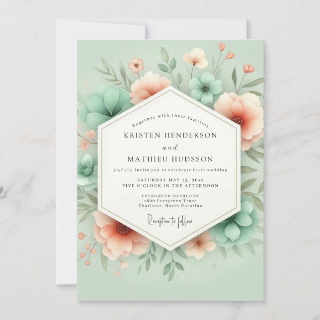 Convite Casamento Romance Fantasia Floral Menta (Frente)