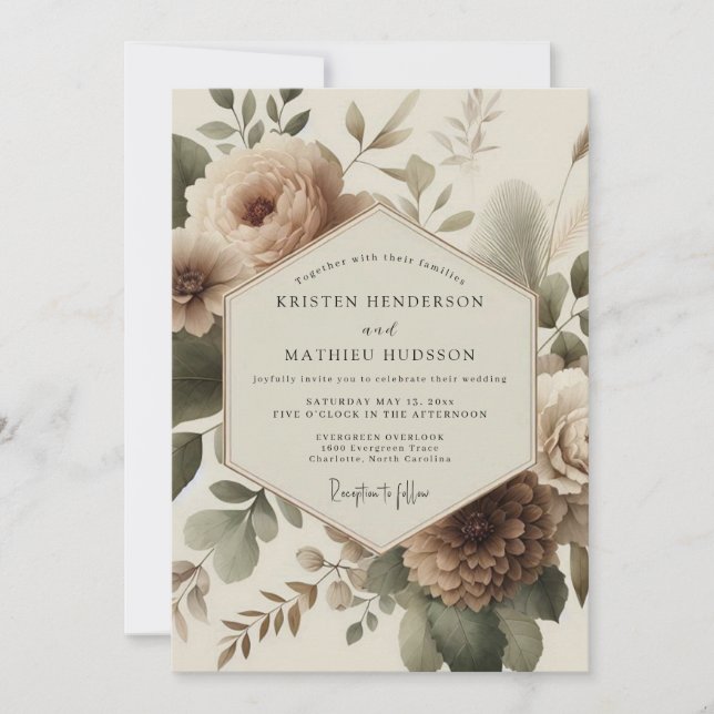 Convite Casamento Romance Flor Beige (Frente)