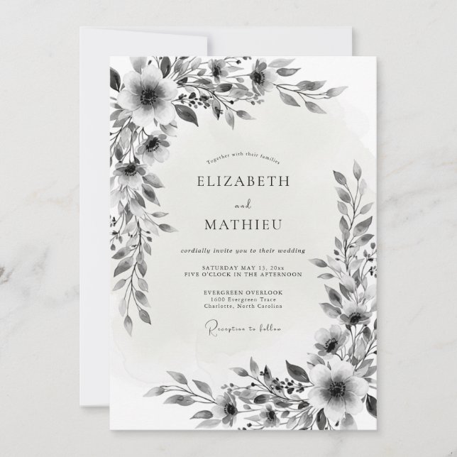 Convite Casamento Romance Flor Black White (Frente)