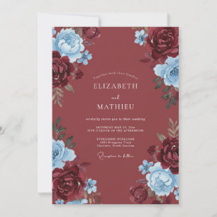 Convite Casamento Romance Flor Burgundy Azul