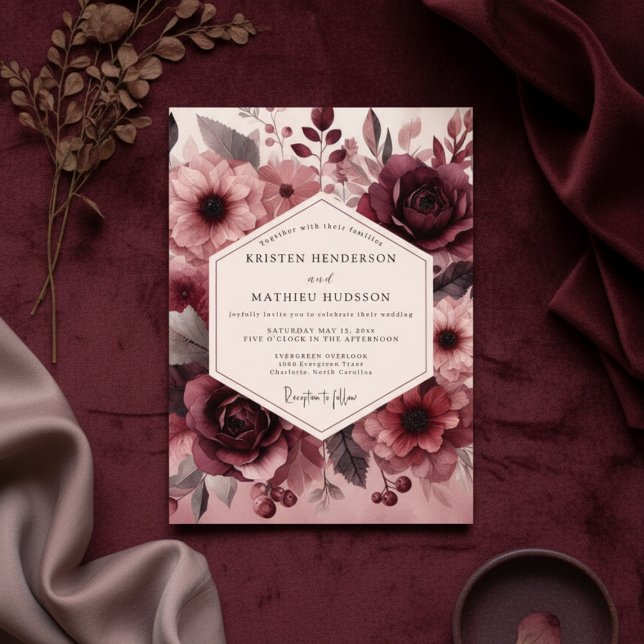 Convite Casamento Romance Flor Burgundy Luxuriante (Criador carregado)