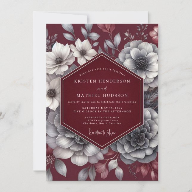 Convite Casamento Romance Flor Burgundy Moody (Frente)