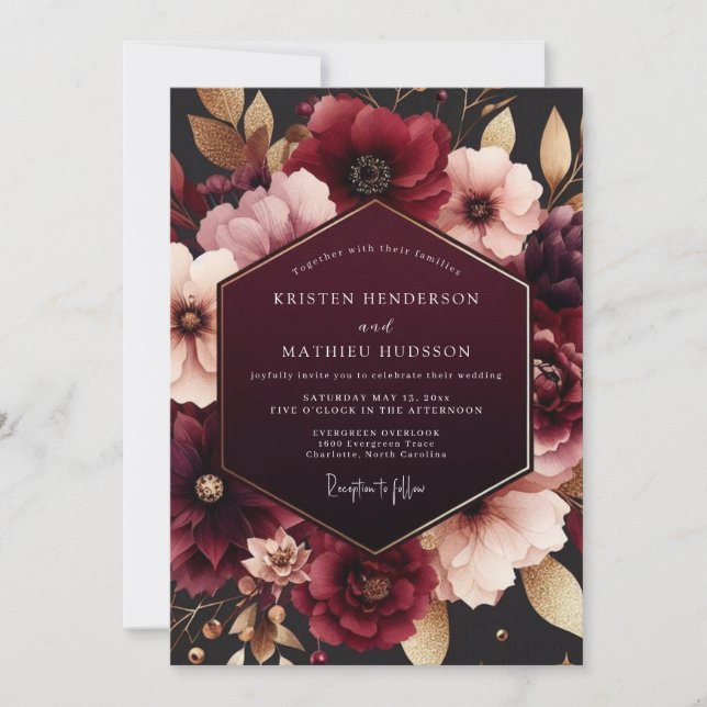 Convite Casamento Romance Flor Burgundy Profunda (Frente)