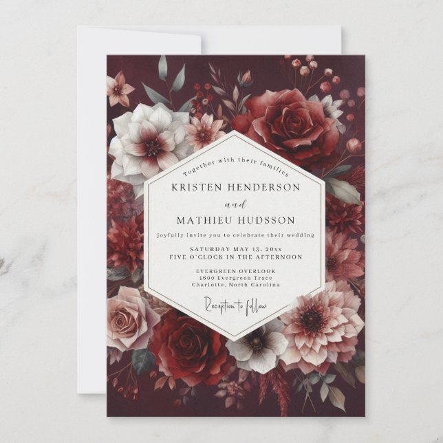 Convite Casamento Romance Flor Burgundy Profunda (Frente)