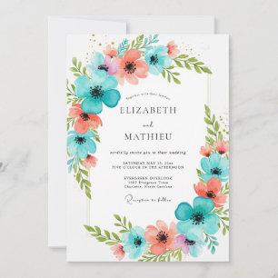 Convite Casamento Romance Flor Coral Turquesa