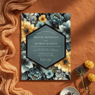 Convite Casamento Romance Flor de Amarelo Azul