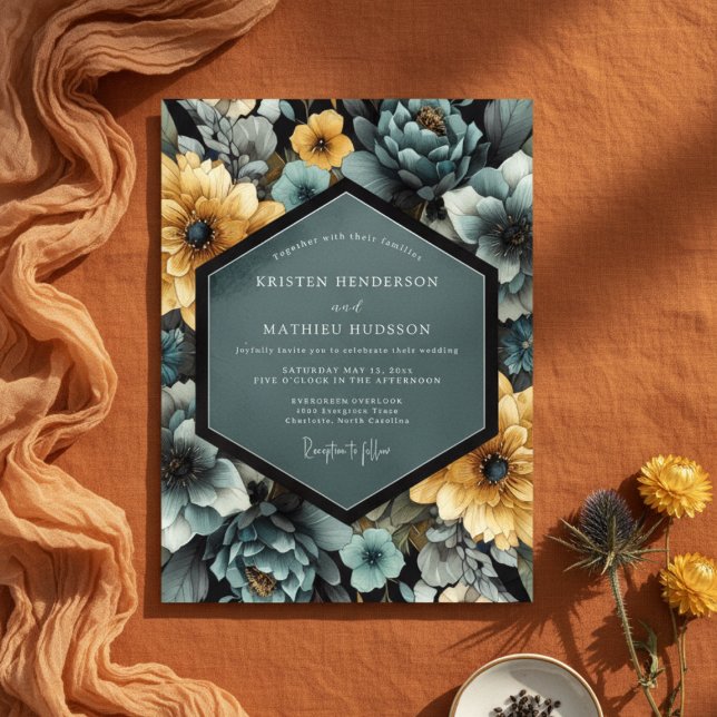 Convite Casamento Romance Flor de Amarelo Azul (Criador carregado)