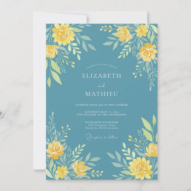 Convite Casamento Romance Flor de Amarelo Azul (Frente)