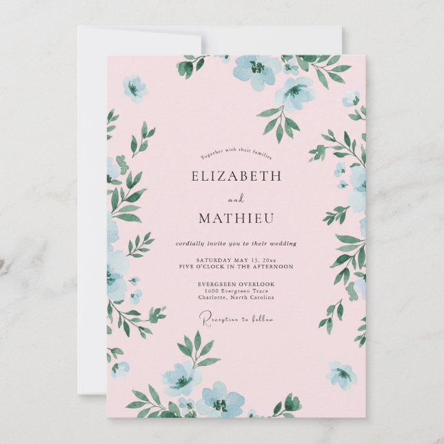 Convite Casamento Romance Flor de Azul Celeste (Frente)
