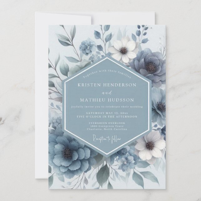 Convite Casamento Romance Flor de Azul Desbotado (Frente)