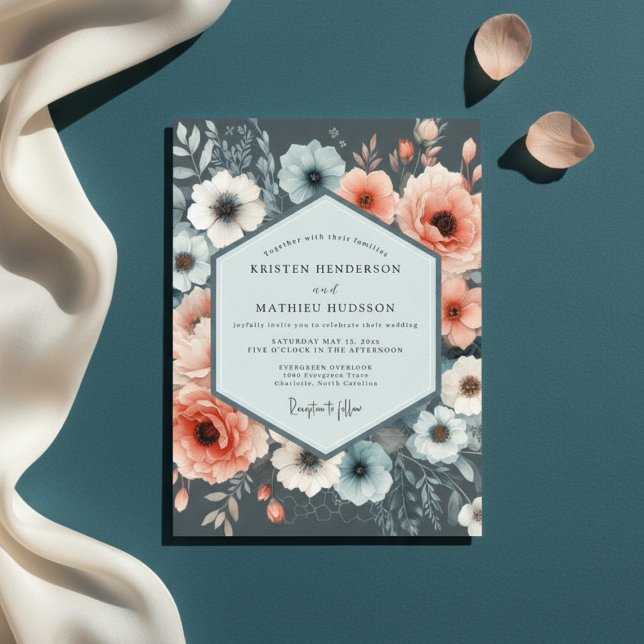 Convite Casamento Romance Flor de Azul Empoeirado (Criador carregado)