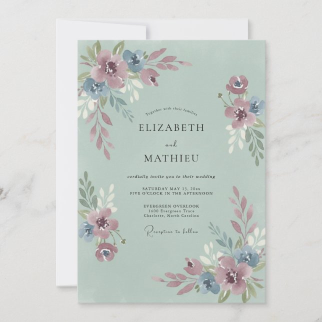 Convite Casamento Romance Flor de Azul Empoeirado (Frente)