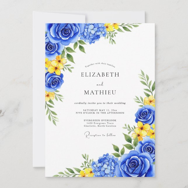 Convite Casamento Romance Flor de Azul Real (Frente)