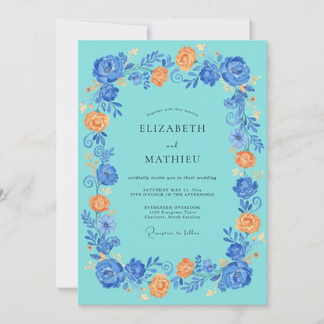 Convite Casamento Romance Flor de Azul Teal (Frente)