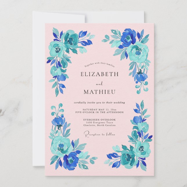 Convite Casamento Romance Flor de Azul Turquesa (Frente)