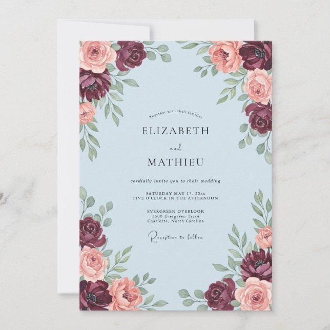 Convite Casamento Romance Flor de Bege Borgonha (Frente)