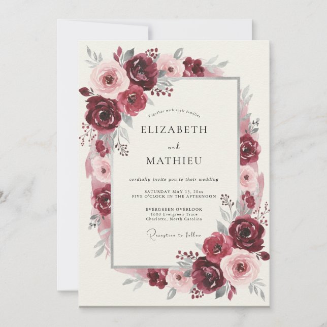 Convite Casamento Romance Flor de Borgonha (Frente)