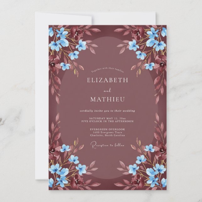 Convite Casamento Romance Flor de Borgonha Azul (Frente)