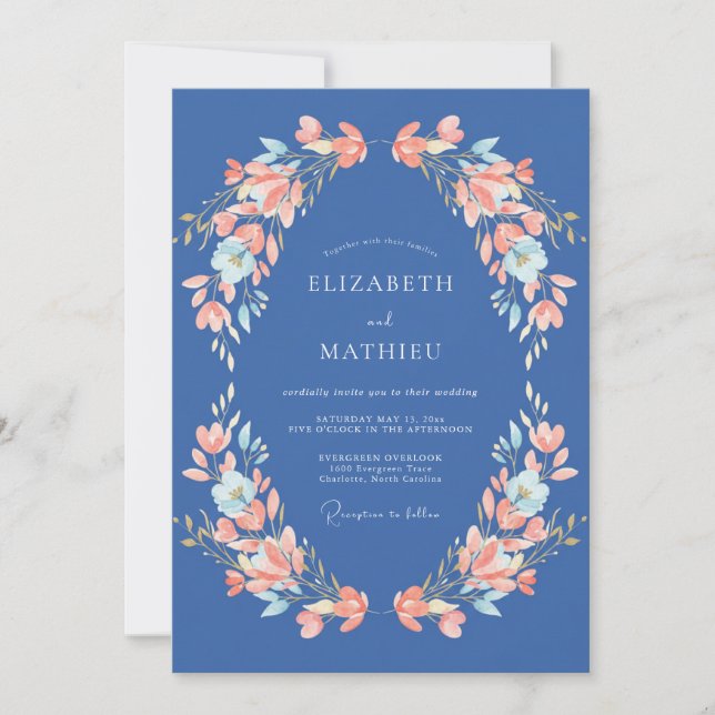 Convite Casamento Romance Flor de Coral Azul (Frente)