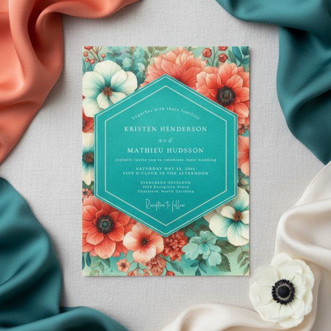 Convite Casamento Romance Flor de Coral Teal (Criador carregado)