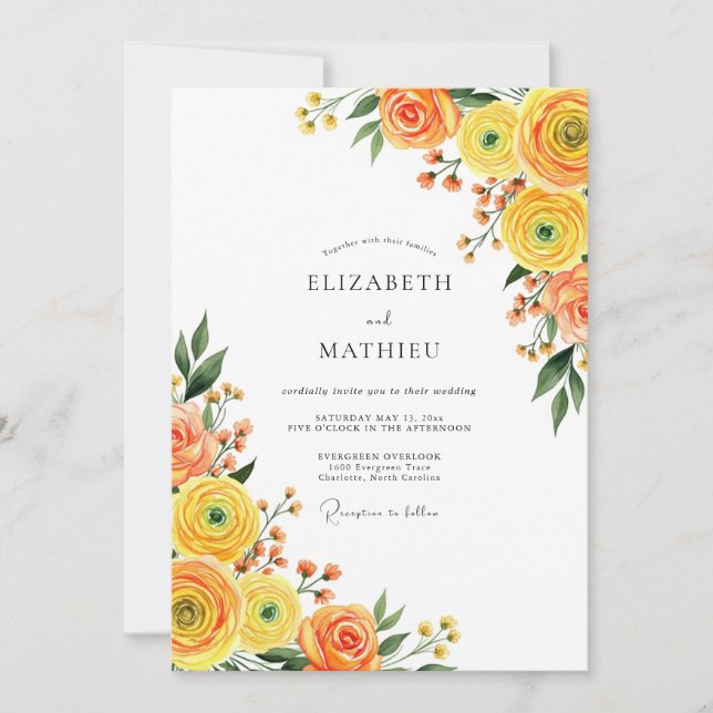 Convite Casamento Romance Flor de Laranja Amarelo (Frente)