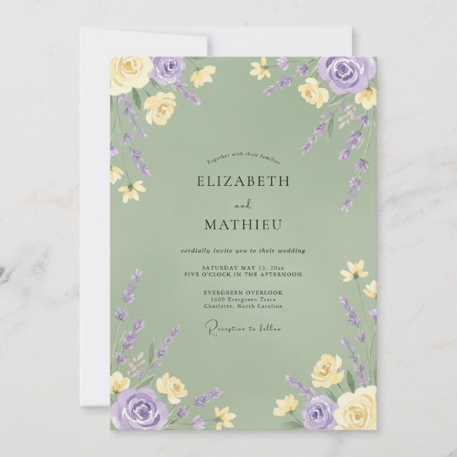 Convite Casamento Romance Flor de Lavanda Amarela (Frente)