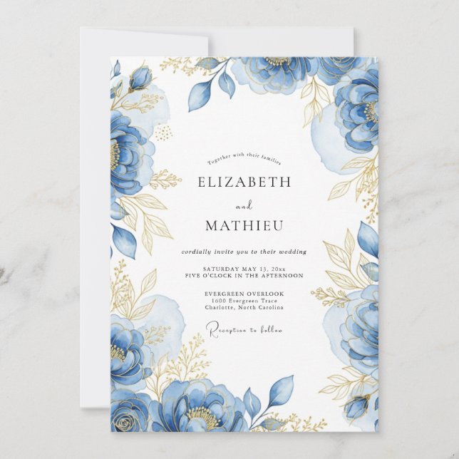 Convite Casamento Romance Flor de Ouro Azul (Frente)