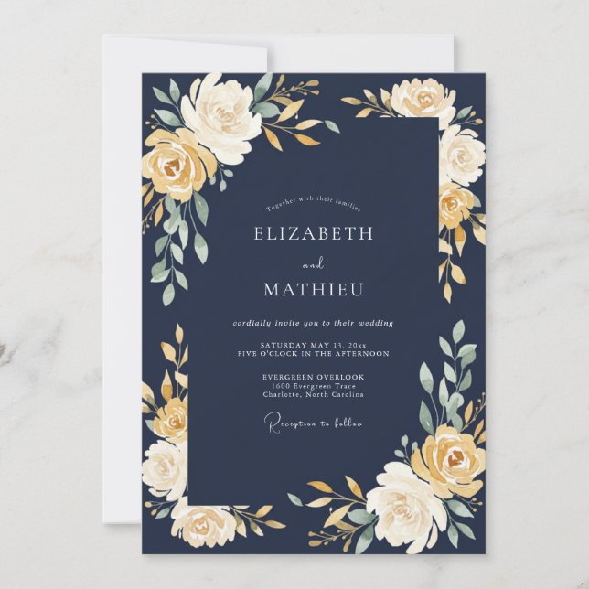 Convite Casamento Romance Flor de Ouro Marinho (Frente)