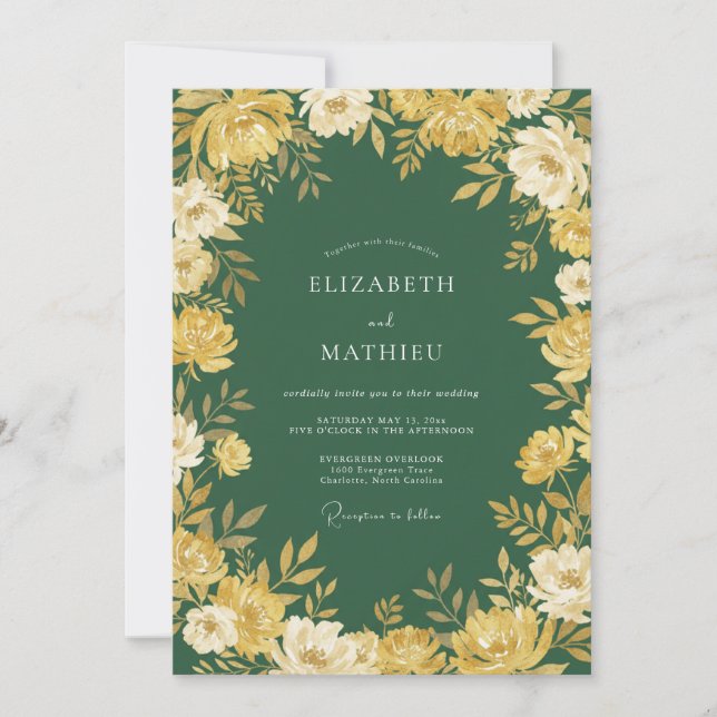 Convite Casamento Romance Flor de Ouro Verde Floresta (Frente)