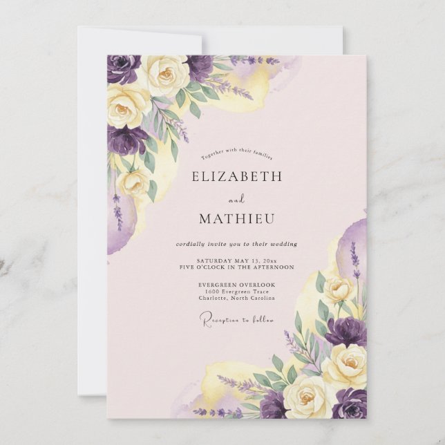 Convite Casamento Romance Flor de Pastel Roxo (Frente)