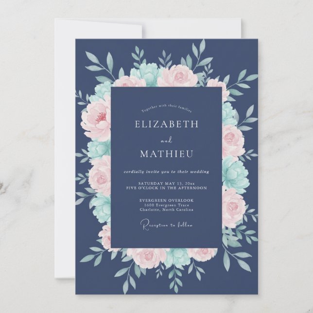 Convite Casamento Romance Flor de Peônia Azul-Marinho (Frente)