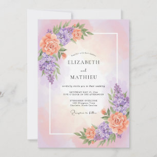 Convite Casamento Romance Flor de Pêssego Lavanda