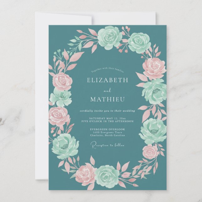 Convite Casamento Romance Flor de Teal (Frente)