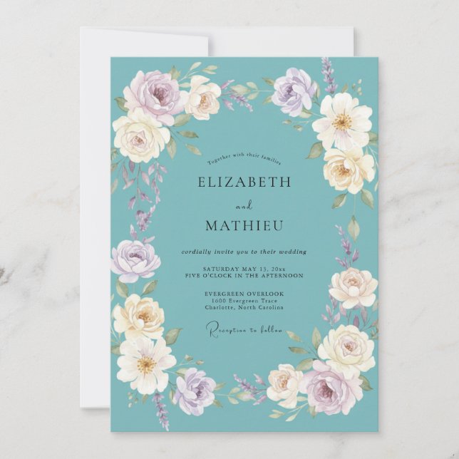 Convite Casamento Romance Flor de Tília Teal (Frente)
