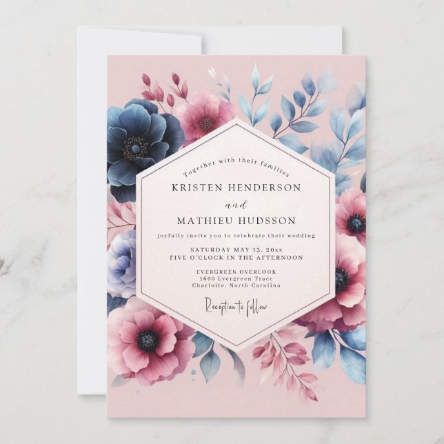 Convite Casamento Romance Flor Desbotada Azul (Frente)