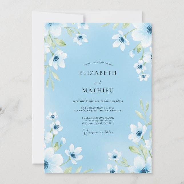 Convite Casamento Romance Flor Suave Azul (Frente)