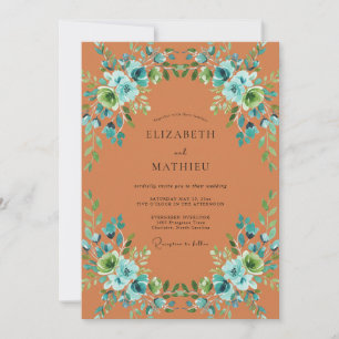 Convite Casamento Romance Flor Terracota Azul-Ciano