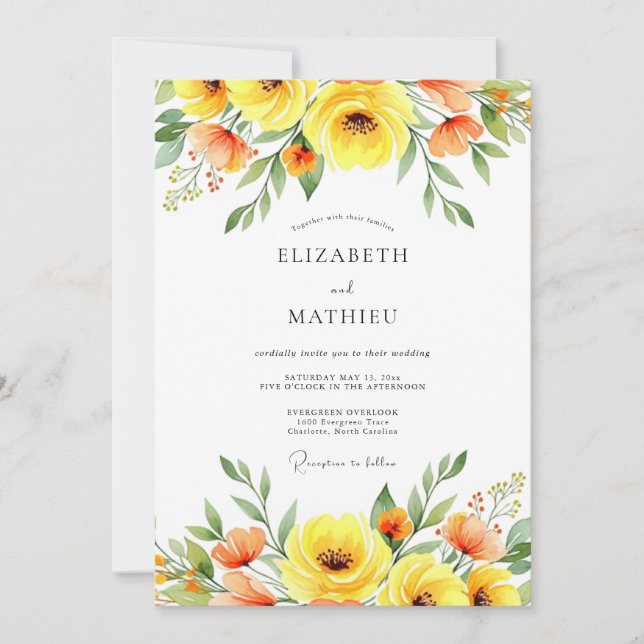 Convite Casamento Romance Floral Amarelo (Frente)