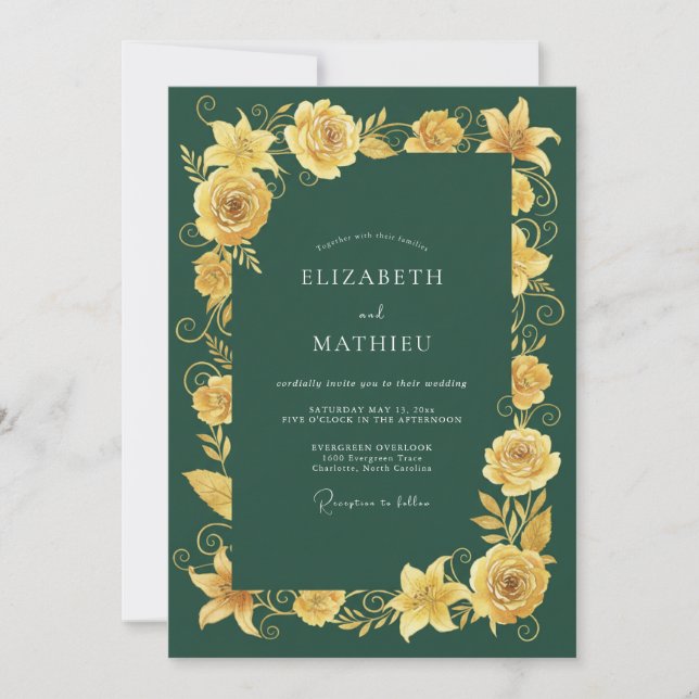 Convite Casamento Romance Floral Amarelo Dourado (Frente)