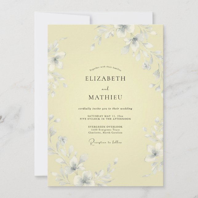 Convite Casamento Romance Floral Amarelo Pálido (Frente)