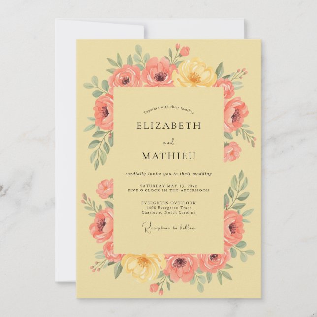 Convite Casamento Romance Floral Amarelo Pêssego (Frente)