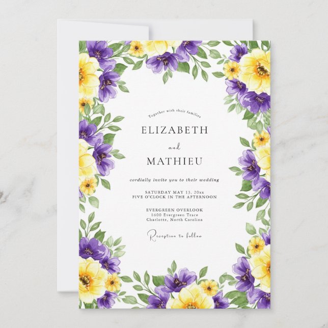 Convite Casamento Romance Floral Amarelo Roxo (Frente)