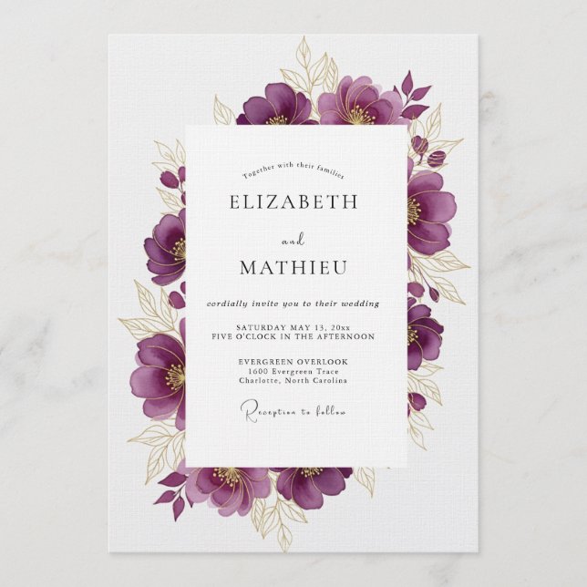 Convite Casamento Romance Floral Ameixa (Frente)
