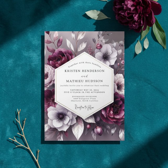 Convite Casamento Romance Floral Ameixa (Criador carregado)