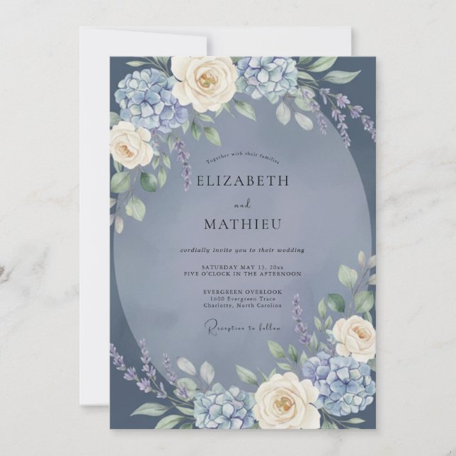 Convite Casamento Romance Floral Azul (Frente)