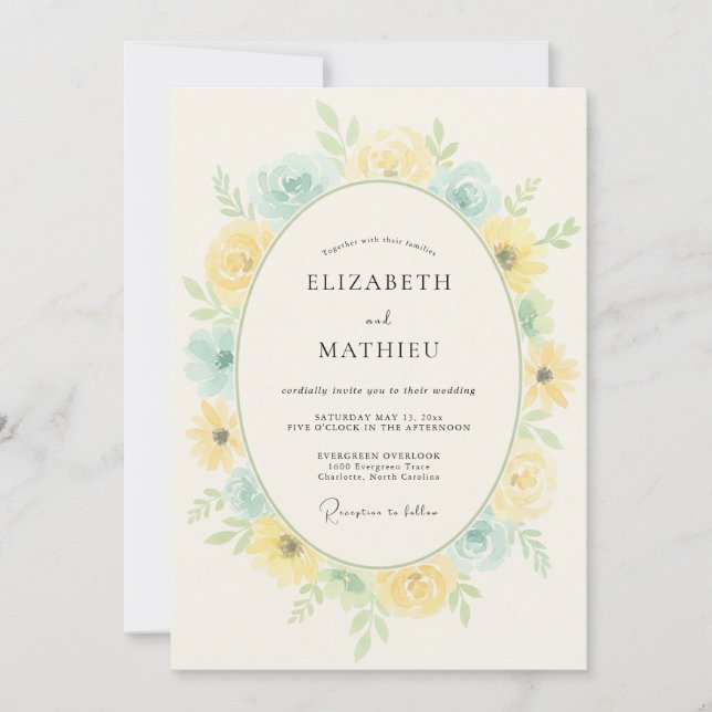 Convite Casamento Romance Floral Azul Amarelo (Frente)